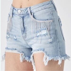 High-Waisted Blue Jean Shorts with Frayed Hem